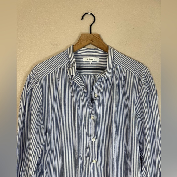 Frame Denim Pleated Clean Collar Blouse Navy Multi Blue White Stripe size Large - Picture 6 of 16